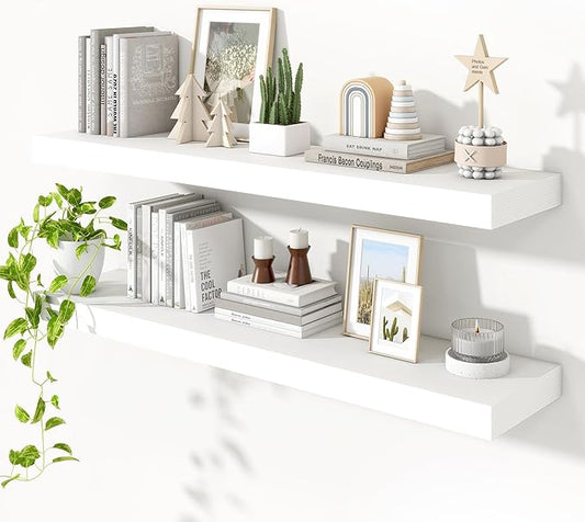 Heimlove Floating Shelves for Wall 48 Inch Long,Extra Large and Thick Wood Shelves Mounted Storage Hanging Shelf Invisible Bracket for Bedroom,Living Room,Kitchen,Office,Set of 2,White