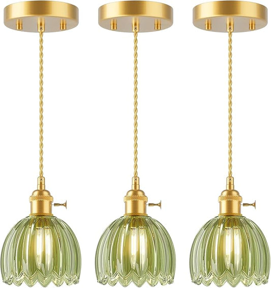 Ralbay 3 Pack Pendant Lights with Green Tulip Glass Lampshade, Mini Pendant Light Fixture with Switch, Adjustable Vintage Brass Hanging Light for Kitchen Island Bedroom Dining Room Hallway