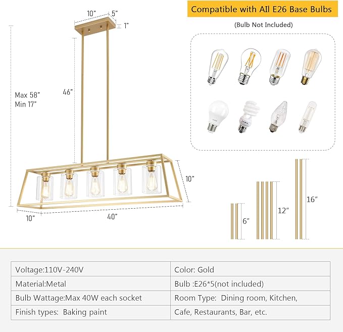 5-Light Gold Chandeliers for Dining Room | Modern Kitchen Island Light Fixture | Rectangle Chandelier for with Clear Glass Shade | Apply to Dining Room Light fixtures Over Table