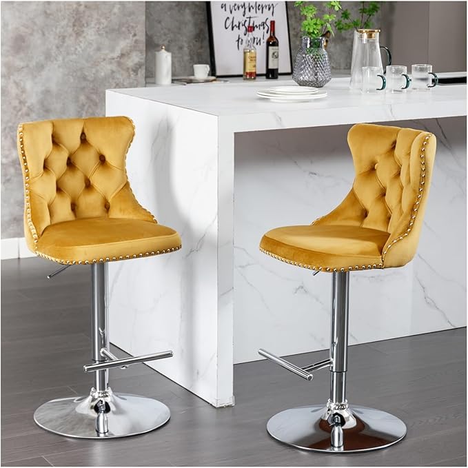 Swivel Velvet Barstools Adjusatble Seat Height from 25-33 Inch, Modern Upholstered Chrome Base Bar Stools with Backs Comfortable Tufted for Home Pub and Kitchen Island（Gold,Set of 2）,for Living Room