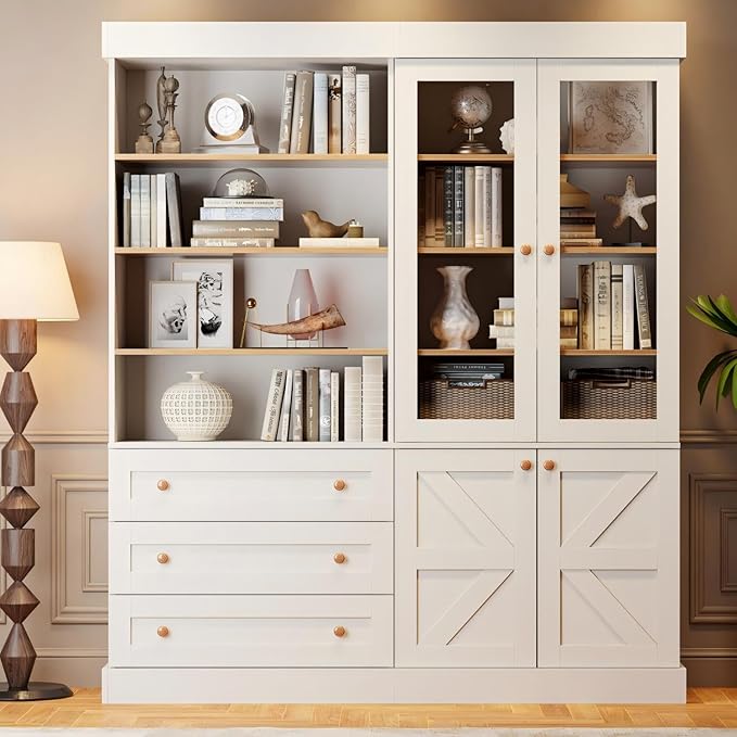 ivaniti 71" Tall Farmhouse Kitchen Pantry, Large Storage Cabinet with Glass Doors, Adjustable Shelves, 3 Drawer, Wood Versatile Hutch Cabinet for Dining Room, Living Room, White 2 PCS