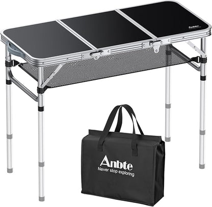 Anbte Folding Camping Table with Storage Net, 3ft Camping Table Aluminum Folding Table with 3 Adjustable Height Max 27.1 Inch Picnic Table Portable Table for Outdoor Backyard BBQ, Black