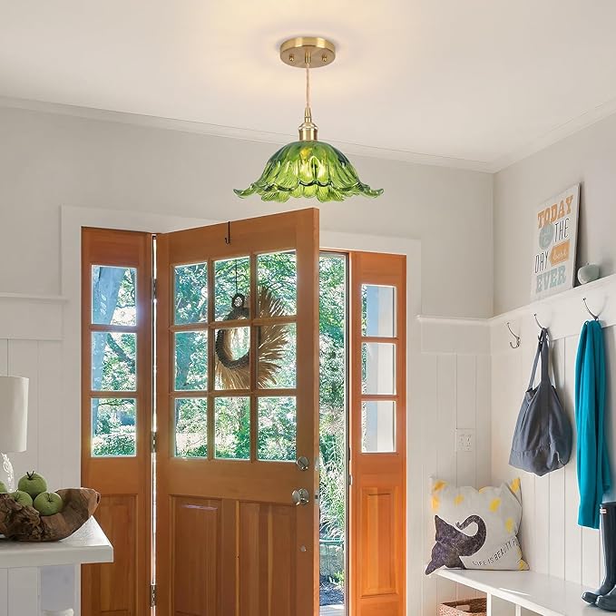 Battery Operated Pendant Light,Green Chandelier 2500mAh RGB Light Bulb 11in Vintage Light Fixtures with Remote Control Wireless Adjustable Rechargeable Chandelier for Kitchen Island Hallway 1Light