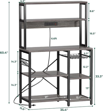 SUPERJARE Bakers Rack with Power Outlet, 35.4 Inches Coffee Bar with Wire Basket, Kitchen Microwave Stand with 6 S-Shaped Hooks, Open Storage Shelves, Charcoal Gray