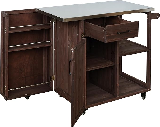 JIJIWANG 35.6" Outdoor Kitchen Island with Stainless Steel Top and Towel and Spice Racks, Rolling Kitchen Island with Storage for Small Spaces Patio Dark Brown