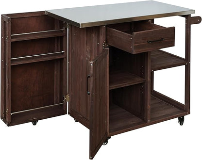 JIJIWANG 35.6" Outdoor Kitchen Island with Stainless Steel Top and Towel and Spice Racks, Rolling Kitchen Island with Storage for Small Spaces Patio Dark Brown