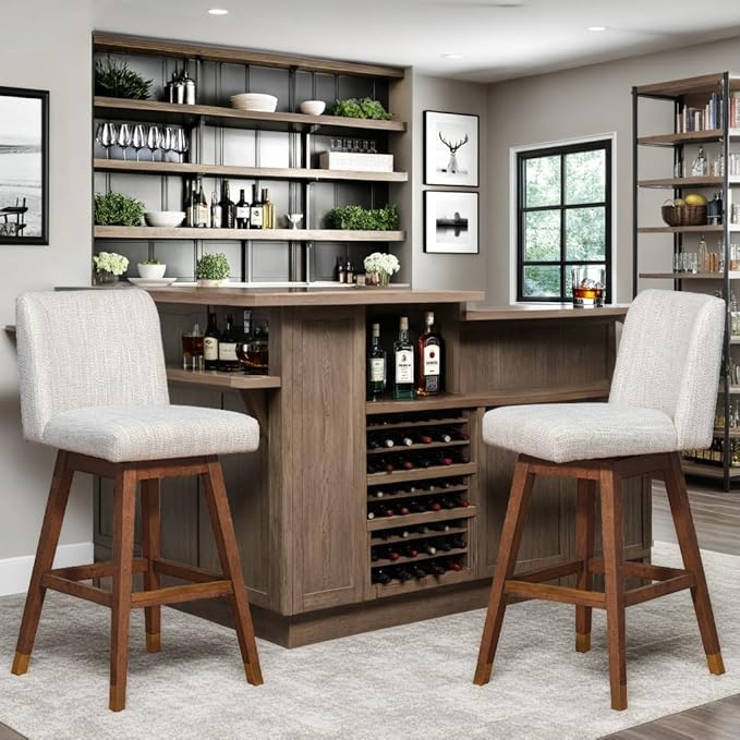 Armen Living Basila Modern Farmhouse 30" Seat Height Swivel Bar Stool for Kitchen Island Counter in Brown Oak Wood with Beige Fabric