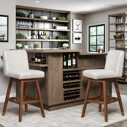 Armen Living Basila Modern Farmhouse 30" Seat Height Swivel Bar Stool for Kitchen Island Counter in Brown Oak Wood with Beige Fabric