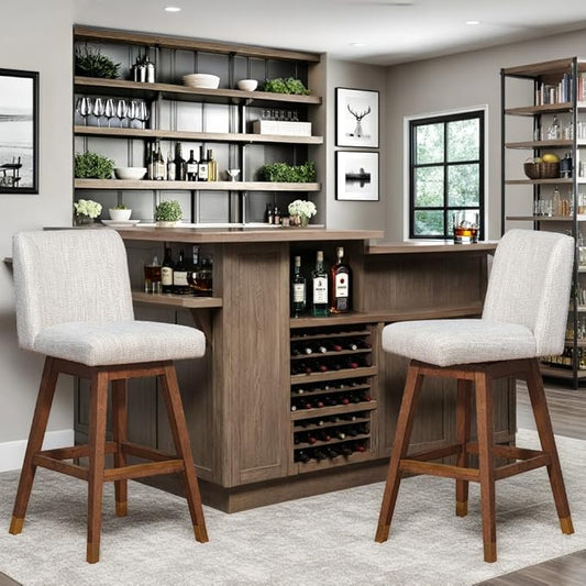 Armen Living Basila Modern Farmhouse 30" Seat Height Swivel Bar Stool for Kitchen Island Counter in Brown Oak Wood with Beige Fabric