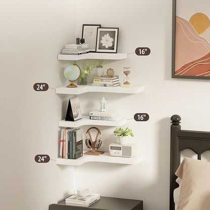 SAUMONIERES Corner Floating Shelves 24 Inch Wall Mount Shelf Solid Wood for Bedroom Bathroom Kitchen Storage Set of 2, White