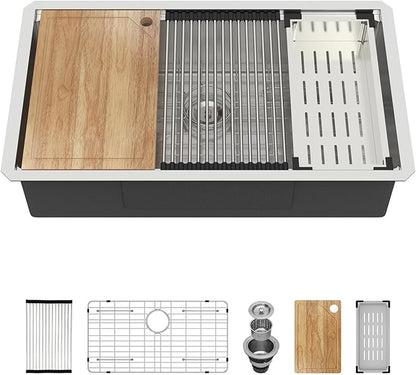 Undermount Kitchen Sink - 32 Inch Undermount Workstation sink 16 Gauge Stainless Steel Kitchen Sinks Under Counter Single Bowl Basin 32‘’x19''x9''