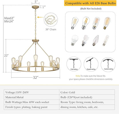 9-Lights Gold Chandelier | Dia 32'' Farmhouse Wagon Wheel Chandelier | Rustic Hanging Dining Room Light Fixture | Apply to Living Room | Kitchen Island | Entryway | Foyer