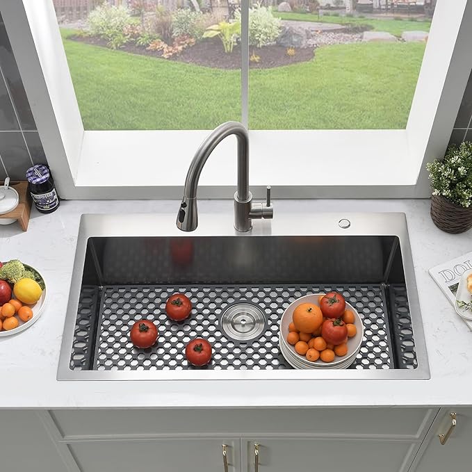 33 Inch Drop In Kitchen Sink with Faucet Combo-Brovy 33x19 Top Mount Stainless Steel Kitchen Sink Drop In 18 Gauge Single Bowl Deep Kitchen Sinks with Mat& Drainer
