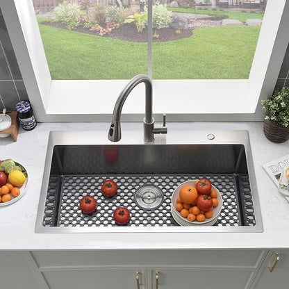 33 Inch Drop In Kitchen Sink with Faucet Combo-Brovy 33x19 Top Mount Stainless Steel Kitchen Sink Drop In 18 Gauge Single Bowl Deep Kitchen Sinks with Mat& Drainer