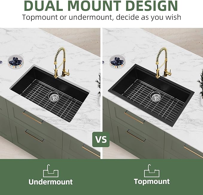 Davivy 33 Inch Black Granite Kitchen Sink Workstation, 33 x 19 Black Undermount Kitchen Sink, Dual Mount Installation, Deep Quartz Composite Single Bowl with Accessories