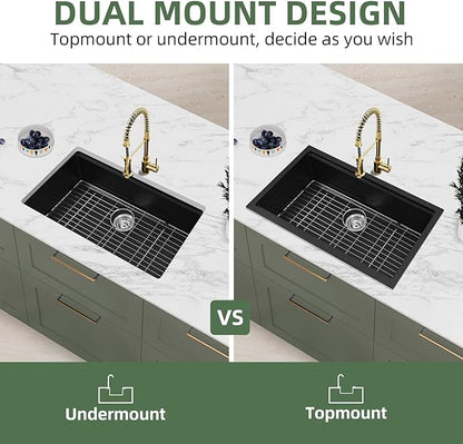 Davivy 33 Inch Black Granite Kitchen Sink Workstation, 33 x 19 Black Undermount Kitchen Sink, Dual Mount Installation, Deep Quartz Composite Single Bowl with Accessories