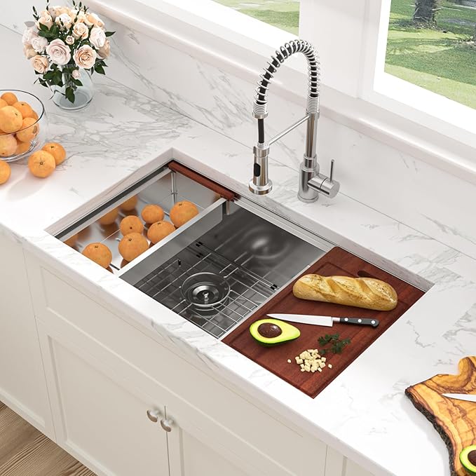 Sarlai 33 Kitchen Sink Double Bowl - 33x19 Inch Undermount Sink16 Gauge Stainless Steel Ledge Workstation Low Divide Double Bowl 60/40 Under Counter Kitchen SinK Basin