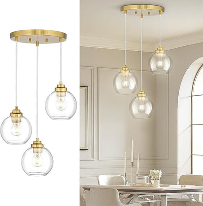 Gold Cluster Pendant Light, 3-Light Globe Hanging Light Fixture, Kitchen Island Lighting with Clear Glass for Dining Room Living Room Laundry Entrance Foyer, ZCPL101BG-3C