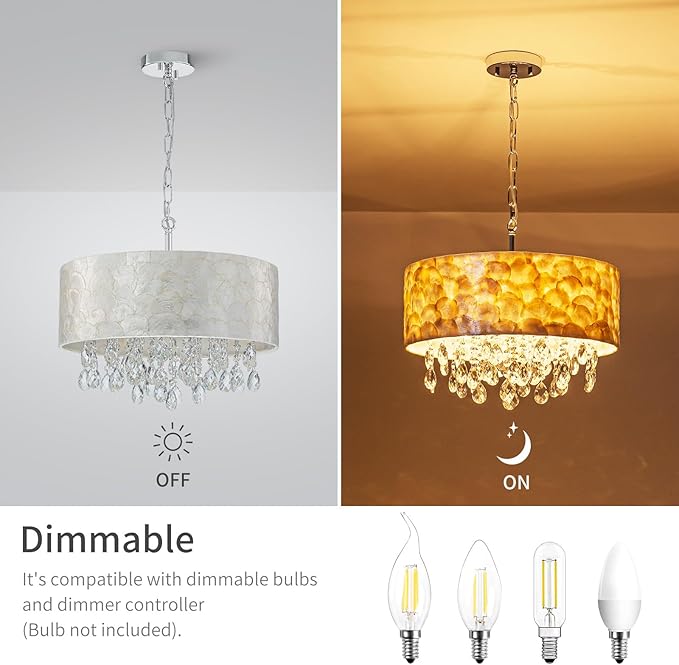LumFurn 4-Light Drum Capiz Shell Crystal Chandeliers, Coastal Style Pendant Light Fixture for Dining Room, Living Room, D18 x 21~68"(Adjustable), Shell Lampshade & Chrome Finish