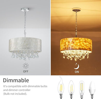 LumFurn 4-Light Drum Capiz Shell Crystal Chandeliers, Coastal Style Pendant Light Fixture for Dining Room, Living Room, D18 x 21~68"(Adjustable), Shell Lampshade & Chrome Finish