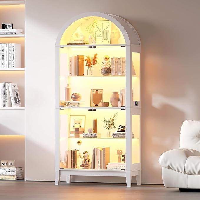 HNEBC Arched Book Shelf with Glass Doors, LED Bookcase with RGB Lights, 5 Tier Cabinet Has 9-Cube Storage, 69" Display Cabinet for Living Room,Bedroom(White)