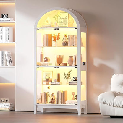 HNEBC Arched Book Shelf with Glass Doors, LED Bookcase with RGB Lights, 5 Tier Cabinet Has 9-Cube Storage, 69" Display Cabinet for Living Room,Bedroom(White)