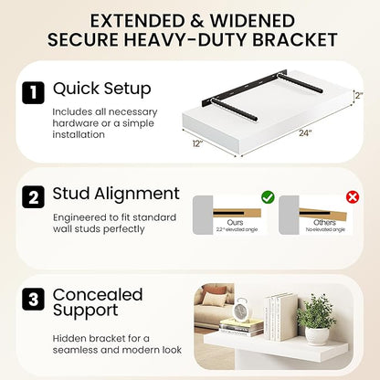 White Floating Shelves 55Inch Long, 12 Inch Deep Floating Shelves for Wall, 55 x 12 Large Floating Shelf for Fireplace Mantel, 2" Thicked Rustic Wall Shelves for Living Room, Bedroom Storage, 2 Packs