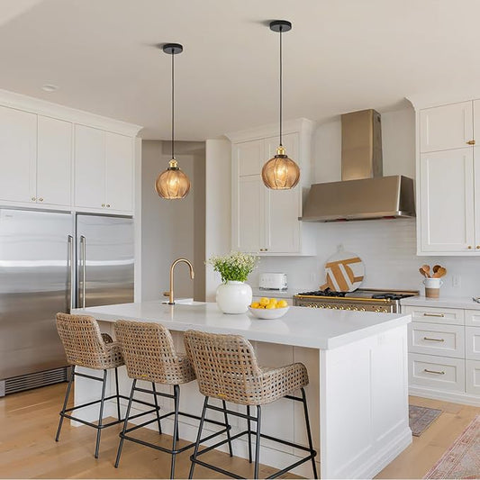7.8in Vintage Pendant Light 2- Light Kitchen Sink Pendant Lights with Amber Hand Blown Glass Small Hanging Lamp for Kitchen Island Dining Room Bedroom Bathroom Hallway E26