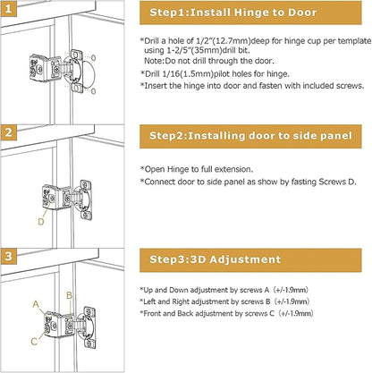 Furniware 30 Pack 15 Pairs 1/2 inch Overlay Soft Close Hinges for Face Frame Kitchen Cabinet Hinges Satin Nickel - 3 Way Adjustability Concealed Soft Close Hinges Damper Self Closing