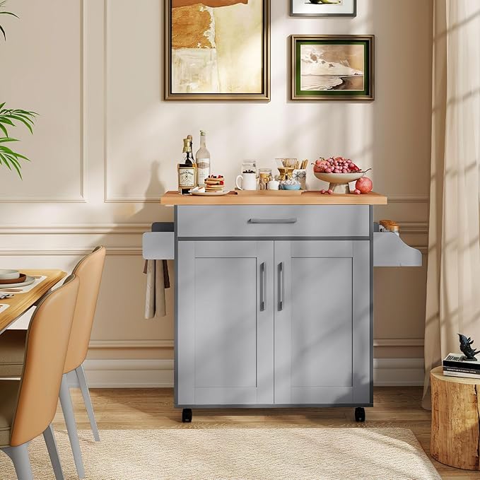 Giantex Kitchen Island, Rolling Kitchen Cart with Spice and Towel Rack, Large Drawer & 2-Door Storage Cabinet, Home Service Cart on Lockable Wheels, Wood Kitchen Trolley, Spacious Tabletop (Gray)