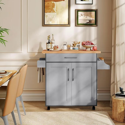 Giantex Kitchen Island, Rolling Kitchen Cart with Spice and Towel Rack, Large Drawer & 2-Door Storage Cabinet, Home Service Cart on Lockable Wheels, Wood Kitchen Trolley, Spacious Tabletop (Gray)