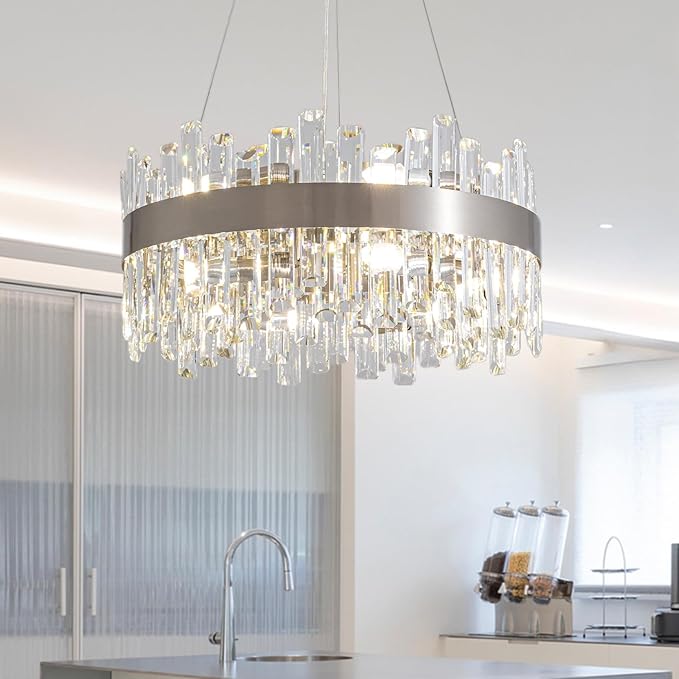 Siljoy Modern Crystal Chandeliers 12-Light Luxury Brushed Nickel K9 Crystal Raindrop Chandelier Adjustable Dimmable Crystal Ceiling Light Fixture for Dining Room Living Room Bedroom D19.7''