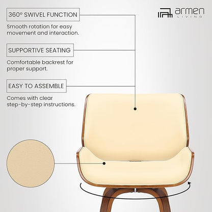 Armen Living Tyler 30" Bar Height Swivel Cream Faux Leather and Walnut Wood Bar Stool - Set of 3