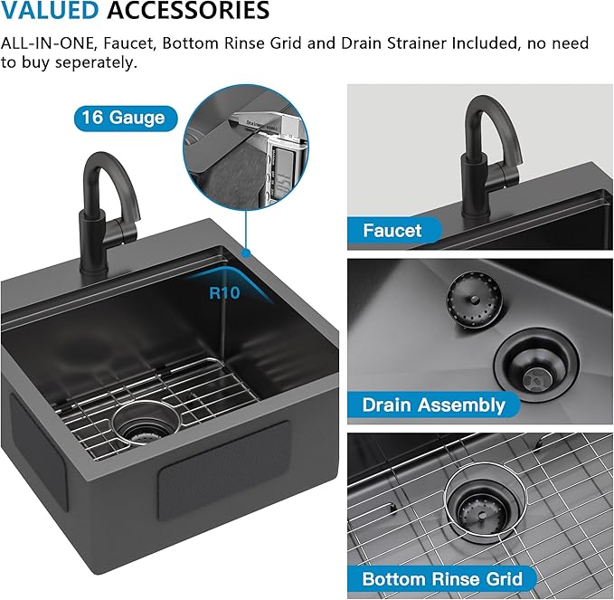 18"x18" Drop In Bar Prep Sink Workstation – Gunmetal Black NANO-PVD, 16 Gauge 304 Stainless Steel, Single Bowl Top Mount Wet Bar RV Outdoor Kitchen Sink with Faucet