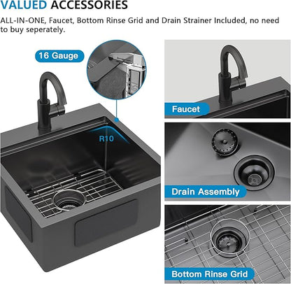 18"x18" Drop In Bar Prep Sink Workstation – Gunmetal Black NANO-PVD, 16 Gauge 304 Stainless Steel, Single Bowl Top Mount Wet Bar RV Outdoor Kitchen Sink with Faucet