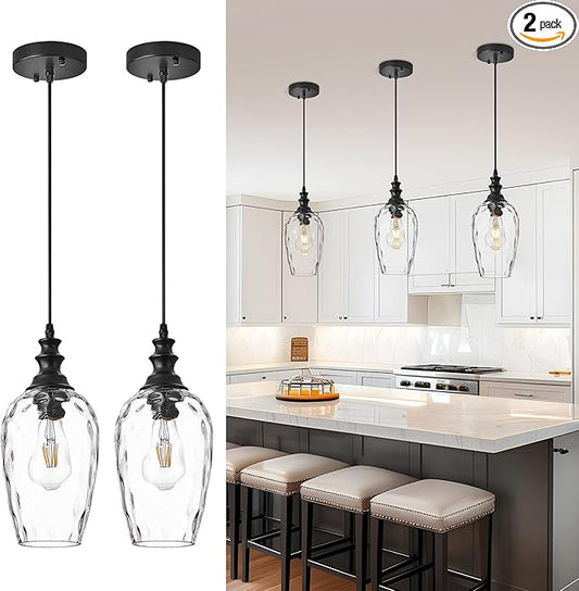 Glass Pendant Lights for Kitchen Island 2 Pack, E26 Modern Black Pendant Light Fixtures with Hand Blown Glass, Adjustable Farmhouse Hanging Light for Dining Room, Entryway & Over Sink Lighting