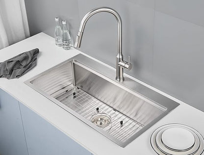 32-inch Workstation Sink Drop in, Single Faucet Hole Single Bowl Kitchen Sink 18 Gauge Stainless Steel Handmade Sink with Integrated Ledge,32"x18"x9"
