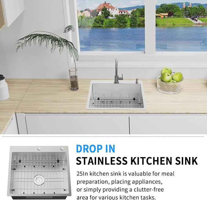 25x22 Inch Stainless Steel Kitchen Sink - Drop In Single Bowl Topmount Kitchen Sink Come With Bottom Grid, Silicon Mat And Drain Assembly Set Stylish and Modern Look Add Elegance & Enhance Usability