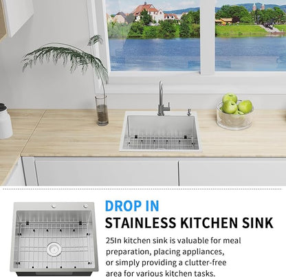 25x22 Inch Stainless Steel Kitchen Sink - Drop In Single Bowl Topmount Kitchen Sink Come With Bottom Grid, Silicon Mat And Drain Assembly Set Stylish and Modern Look Add Elegance & Enhance Usability