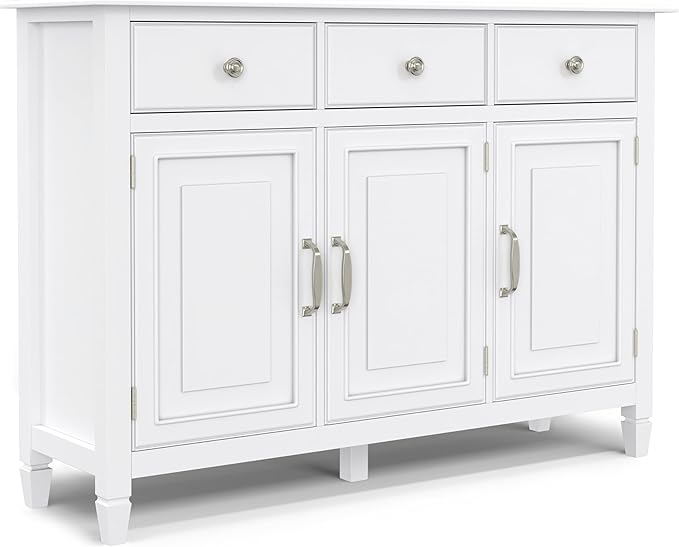 SIMPLIHOME Connaught 51-inch Wide Solid Wood Storage Cabinet in White for the Entryway, Mudroom, 3 Drawers and Adjustable Shelves, Traditional Style, Space-Saving Design