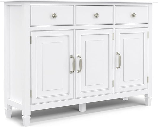 SIMPLIHOME Connaught 51-inch Wide Solid Wood Storage Cabinet in White for the Entryway, Mudroom, 3 Drawers and Adjustable Shelves, Traditional Style, Space-Saving Design