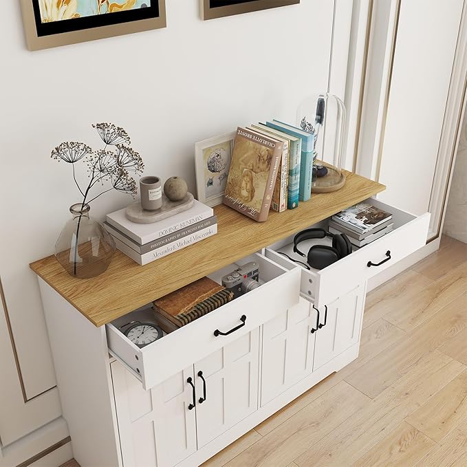 Locsear White Buffet Cabinet, Coffee Bar Cabinet with 2 Drawers & 4 Doors, Kitchen Buffet Sideboard for Living Room (15.35" D x 47.95" W x 32.08" H)