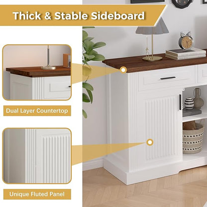 63" Large Buffet Sideboard with Storage, 32" Tall Kitchen Buffet Storage Cabinet with 3 Drawers, Modern Coffee Bar Cabinet with Handles, Long Sideboard Buffet Table for Kichen, Living Room (White-01)