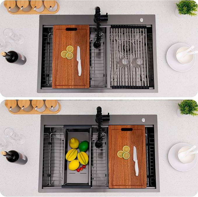 60/40 Drop In Double Bowl Kitchen Sink Black, 33x22 Inch Gunmetal Black Drop In Kitchen Sink Ledge Workstation 16 Gauge Stainless Steel Topmount Dual Basin with Cutting Board