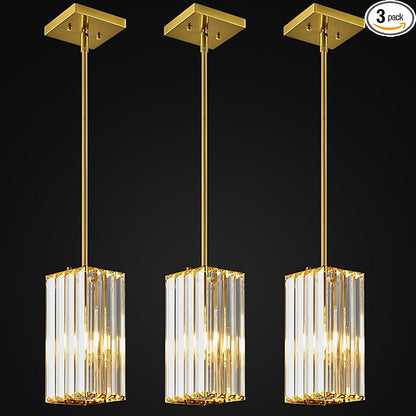 Modern Pendant Light Gold Rectangle Pendant Lighting Mini Crystal Chandeliers Adjustable Pendant Light Fixture for Kitchen Island Dinning Room Living Room Corridor Bedroom(Gold 3-Pack)