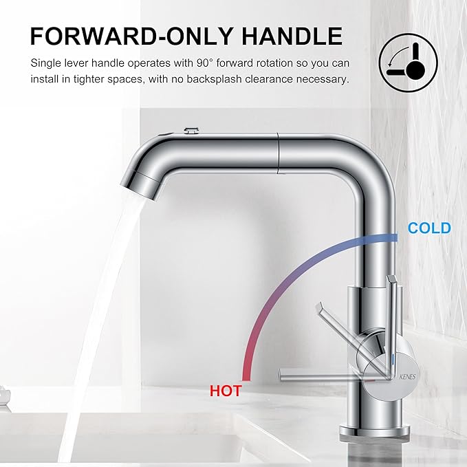 KENES Pull Out Bathroom Faucet with Sprayer, Polished Chrome Single Handle Bathroom Sink Faucet with Pull Down Sprayer, Vanity Bar Faucet with Pop Up Drain & Deck Plate, LJ-9055A-5