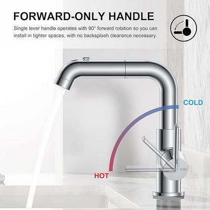 KENES Pull Out Bathroom Faucet with Sprayer, Polished Chrome Single Handle Bathroom Sink Faucet with Pull Down Sprayer, Vanity Bar Faucet with Pop Up Drain & Deck Plate, LJ-9055A-5