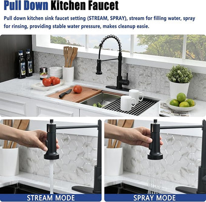27 Inch Black Undermount Kitchen Sink with Faucet Combo - 27x19 Black Stainless Steel Workstation Sinks Single Bowl Kitchen Sink Undermount with Accessories
