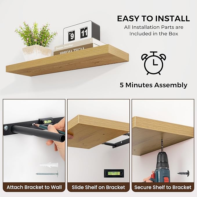 Dreamland 40 Inches Floating Shelves for Wall, 9.3 Inch Deep Floating Shelves Set of 2, Large Display & Storage Shelf, Wall Shelf for Bathroom Bedroom Living Room Kitchen Office,Oak