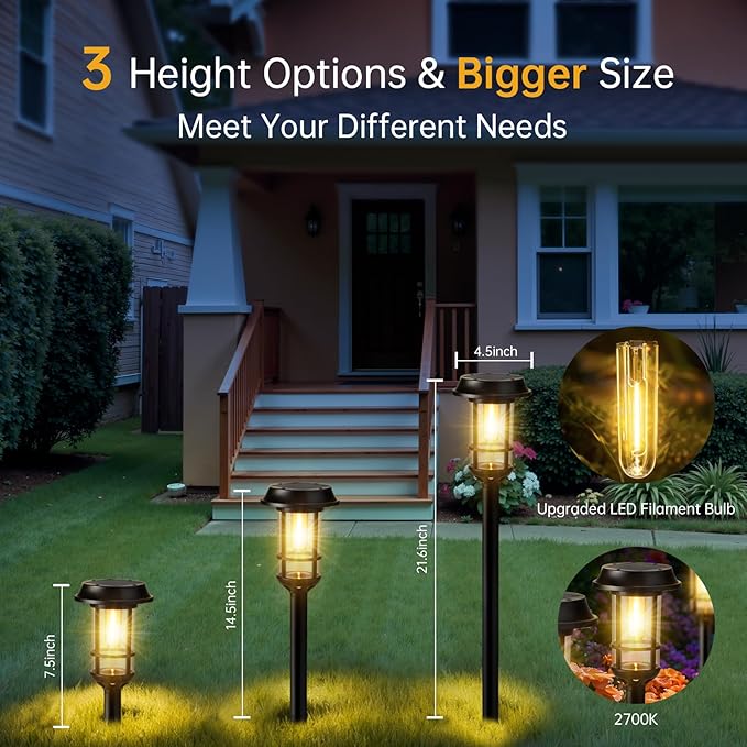 8 Pack Bright Solar Pathway Lights, LED Solar Powered Garden Lights Outdoor Waterproof IP65, Landscape Lighting for Path Walkway, No Wiring, Easy to Mount, Auto On/Off 2700K Warm White